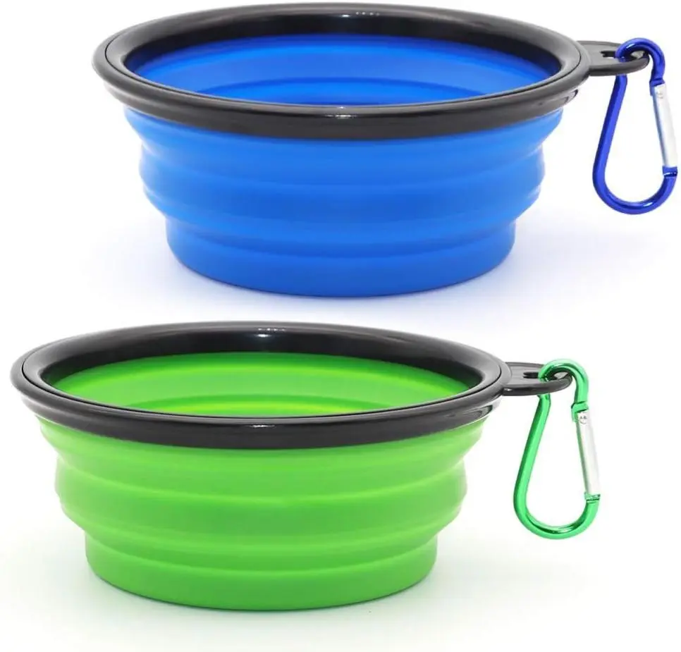 Collapsible Dog Bowl Portable Pet Feeding Watering Dish with 2 Carabiners for Walking Parking Traveling - Small Blue Green Set
