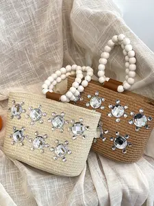 Summer New Rhinestone Beaded Handbag, High-Value Fashion Straw Woven Bag, Stylish Chain Design, Perfect for Casual