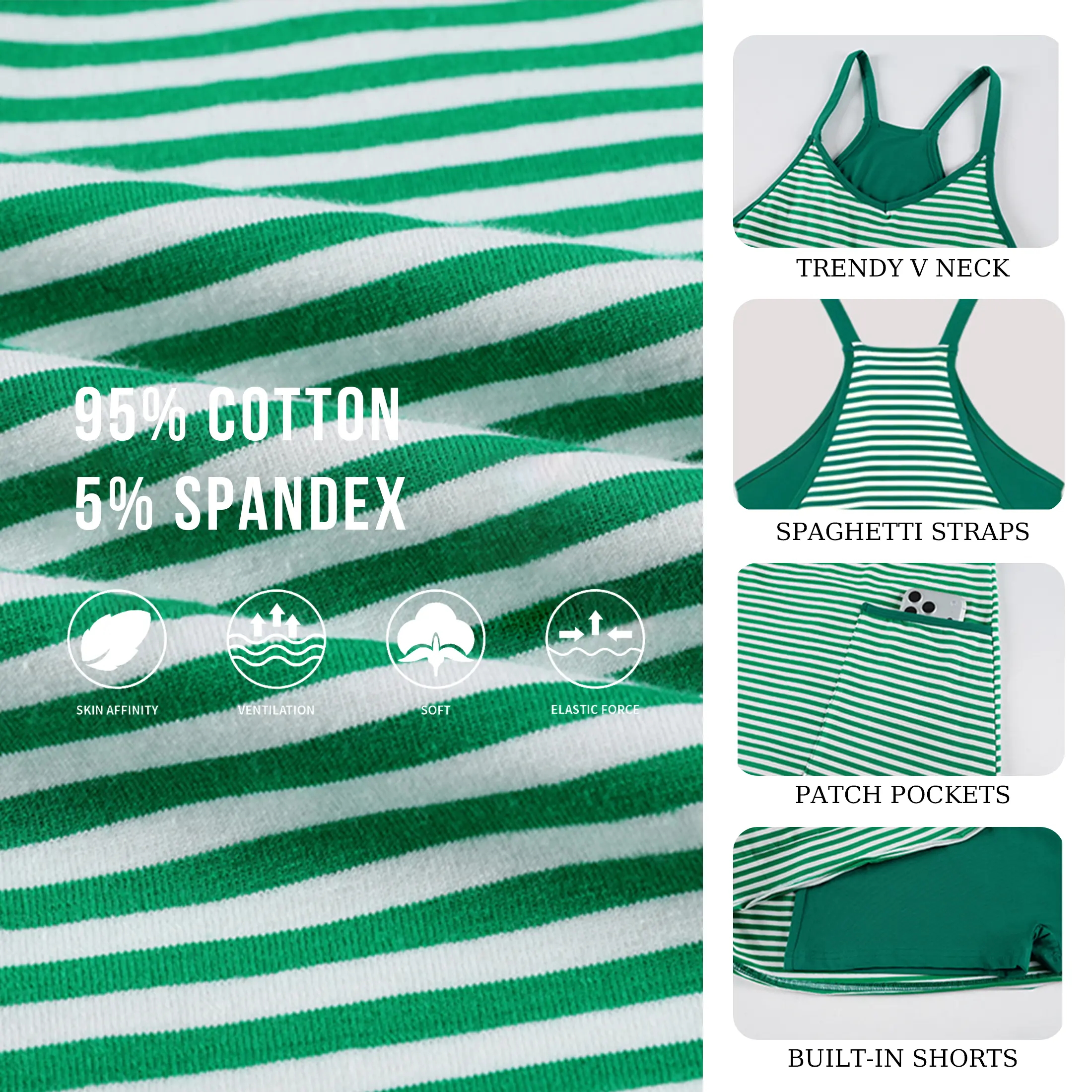 Tanming Women's Summer Athletic Mini Dress Sleeveless V Neck Built-in Shorts Striped Tennis Workout Vacation