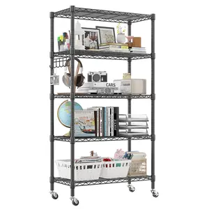 5-Tier Wire Shelving Unit on Wheels, Garage Storage Rack, Metal Shelves with Wheels, Rolling Shelving for Kitchen, Pantry, Move at Will, Super Load-bearing Capacity 900lbs Bookshelf Organizer Stand Black