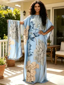 1 Robe+1 Scarf Red Blue Contrast Large Floral Flower Printed Robe Dress Set Large Ship Collar Loose Flesh Covering Long Dress+Scarf Light Luxury Vacation Style Long Dress Elegant Elegance Sexy Vacation/Daily Flesh Covering and Slimming Two Piece Set