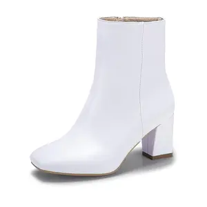 IDIFU Women's Square Toe Ankle Boots Trending white ankle boots Side Zipper Low Heel Ankle Boots for Autumn and Winter мартинсы  обувь