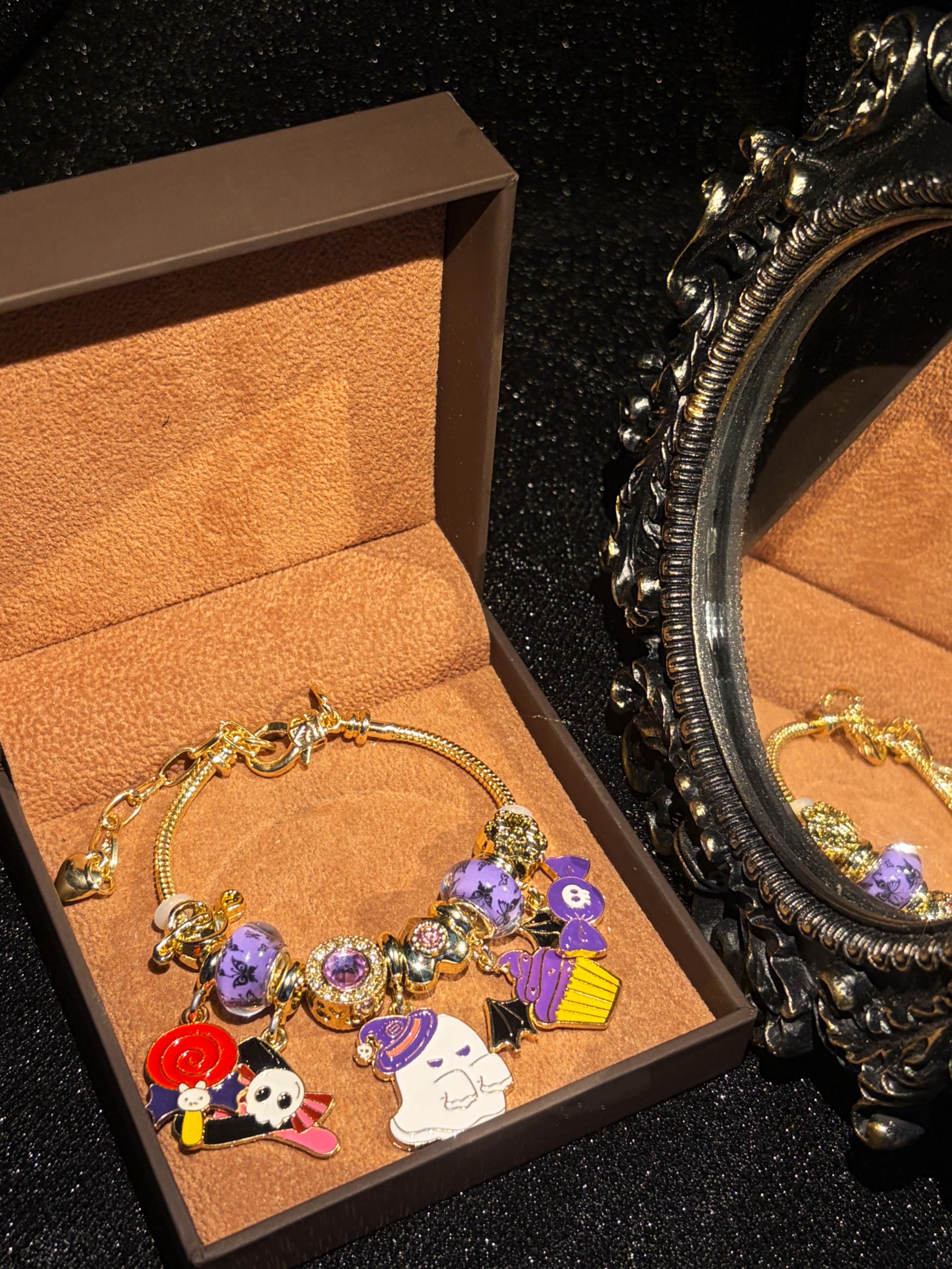 Halloween Multi-Charm Enamel Snake Chain Bracelet, Decorated with Ghost, Bat, Cupcake, Candy, Skull, Stackable Fashion Costume Jewelry Gift for Holiday Occasions Halloween Multi-Charm Enamel Snake Chain Bracelet, Decorated with Ghost, Bat, Cupcake, Candy, Skull, Stackable Fashion Costume Jewelry Gift for Holiday Occasions