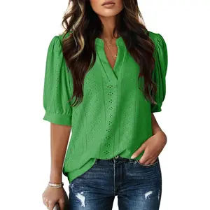 Womens Summer Business Casual Blouses V Neck Short Sleeve Shirts Eyelet Cute Lace TopsGift