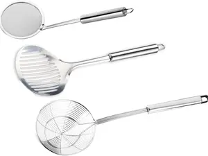 Pack of 3  Solid Stainless Steel Spider Strainer Skimmer Ladle for Cooking and Frying, Kitchen Utensils Wire Strainer Pasta Strainer Spoon Hot Pot Fat Skimmer Spoon Set summervibes