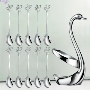10Pcs Stainless Steel Coffee Spoon Set with Decorative Swan Spoon Holder, Multifunctional Swan Base Utensil Organizer, Reusable Metal Dinnerware Spoons, Ideal for Coffee, Dessert, Salad, Kitchen Counter and Home Tabletop Decoration
