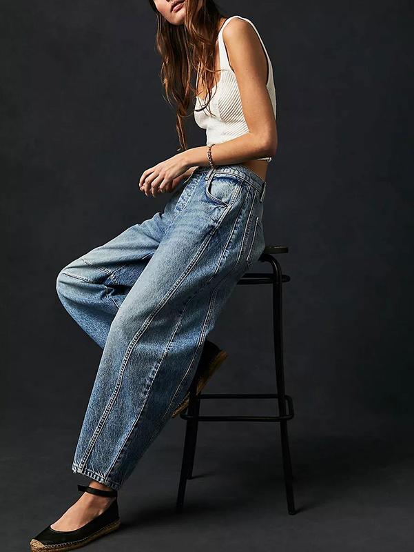 Naeduo Women's Baggy Boyfriend Jeans Vintage Wide Leg Mid Rise Barrel Denim Ankle Pants with Side & Back Pockets Comfortable Breathable Fabric for Autumn Streetwear