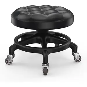 Upgraded Low-Profile Rolling Stool with 360° Smooth Rubber Wheels Heavy-Duty 450lbs PU Seat & Anti-Tip Base Ideal for Home, Office, Salon, Workshop, Mechanic, Garage, Black