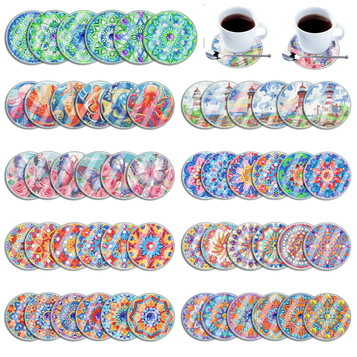 All Coasters with Covers 6 PCS Acrylic Waterproof Diamond Painting Art Coasters Kits with Holder