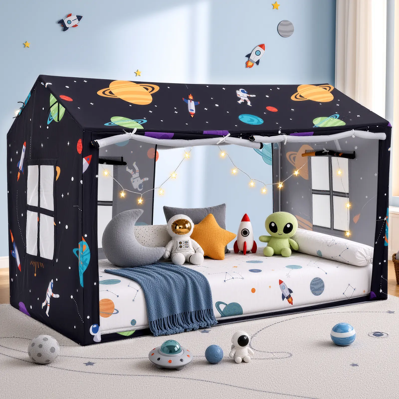 Kids Twin Bed Galaxy Tent Playhouse with Star Lights - Breathable Blackout Canopy, Floor & Bed Dual Use for Sleeping & Reading Nook (Space Exploration Themed Private Fort), Galaxy Tents