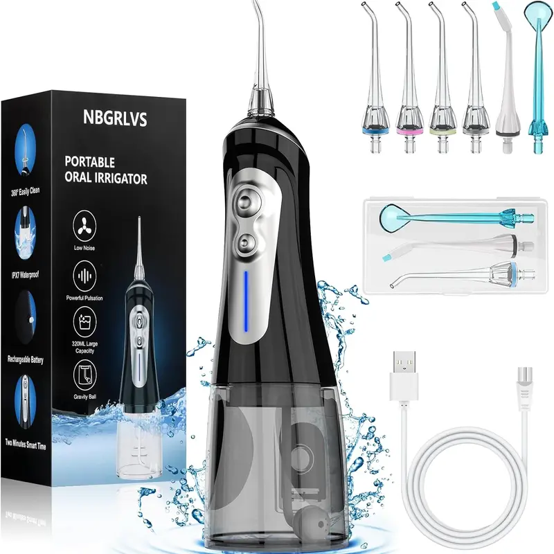 NBGRLVS Portable Oral Irrigator - Water Dental Flosser Teeth Cleaner with 5 Modes, 6 Replacement Nozzles, IPX7 Waterproof, USB-Charged Built-In Lithium Ion Batteries, for Braces & Gum Health, Home/Travel Use