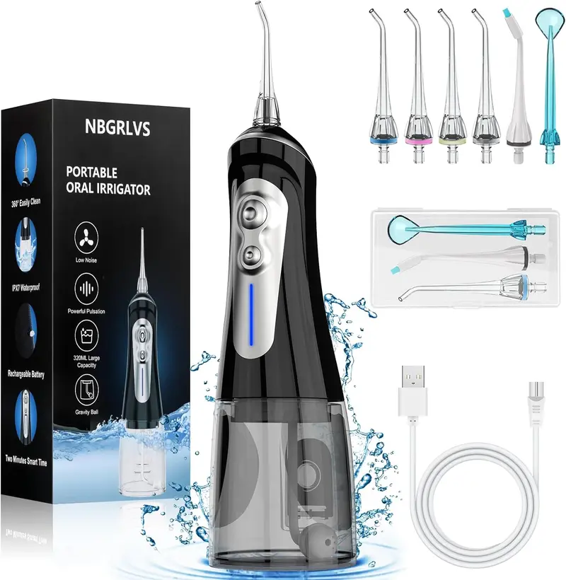 Deep Clean Water Flosser 5 Modes & 6 Replacement Nozzles for Braces/Sensitive Teeth | IPX7 Shower & Home Travel Use | Fast USB Charging