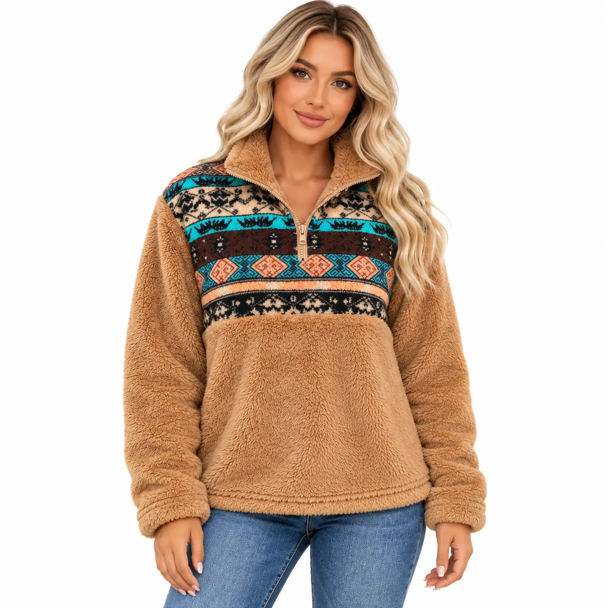 Women’s Aztec Print Sherpa Pullover, Half Zip Fleece Sweatshirt with Stand Collar, Soft Cozy Long Sleeve Casual Winter Top