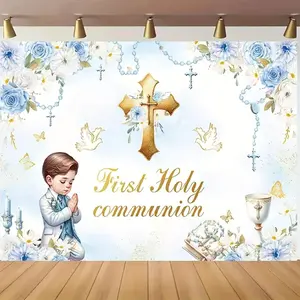 First Holy Communion Backdrop 2D Flat Blue Floral Golden Cross Design Polyester Photography Background Baptism Party Banner with Roses Doves Chalice for Portrait Sessions Wall Decor Flags Flower