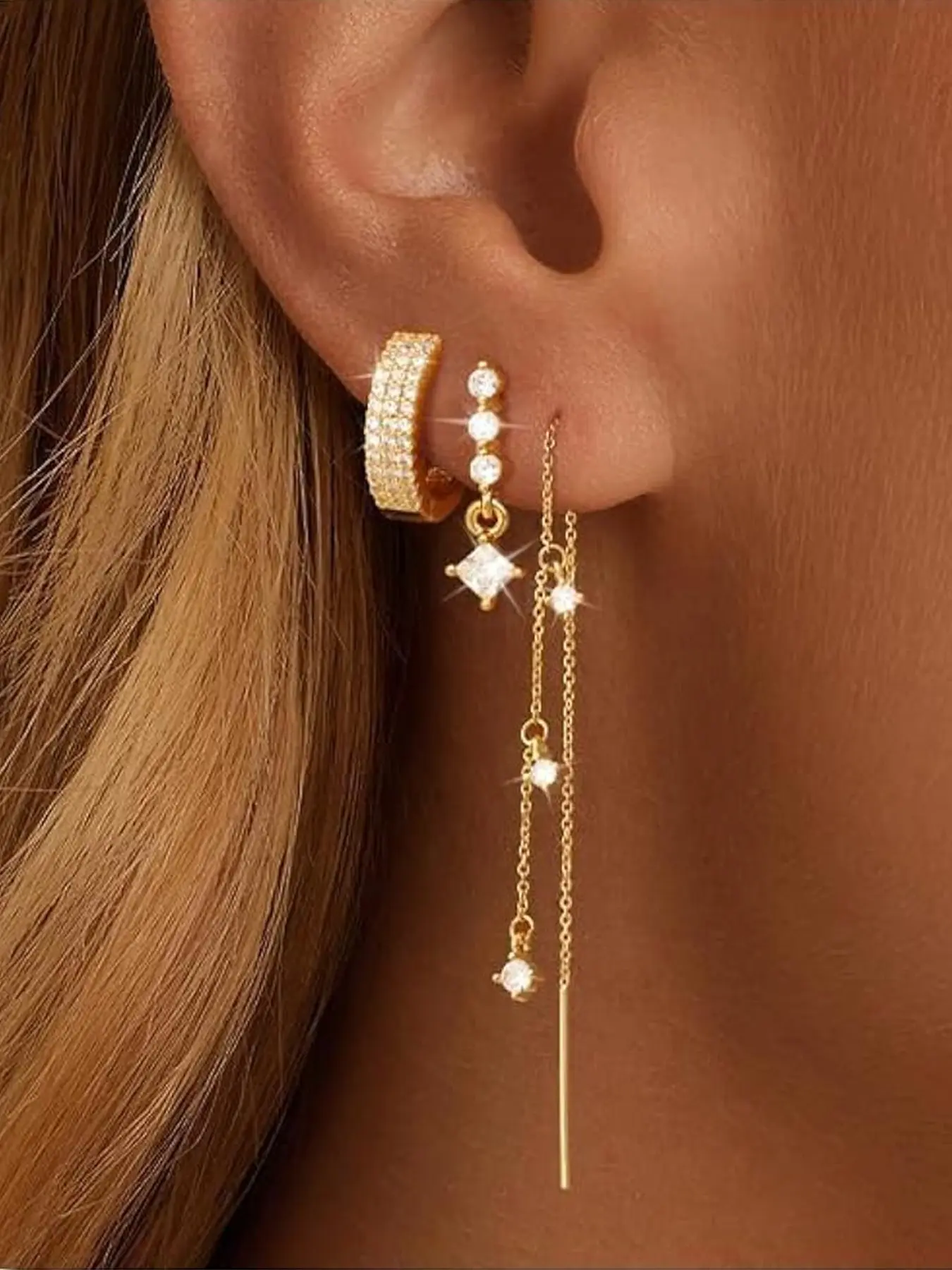 14K Gold Plated Chain Earrings for Women Fashion Earring 3/4 Pairs Dangle Dainty Stack Hoop Earrings Set Earring Stacks Trendy Cubic Zirconia Stud Earrings for Women Jewelry CZ Earrings