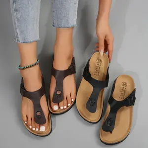 Women's Flip Flops, Cork Insole Sandals, Beach Slide Shoes, Slippers with Adjustable Metal Buckle Strap