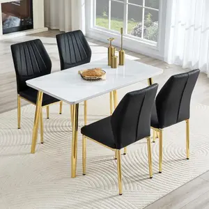 Bellemave  Table and chair set.White imitation marble texture glass countertop + lower MDF board, gold metal tapered legs.Paired with 4  PU Chairs with golden legs. 37 inches High: Ergonomic PU Backrest .