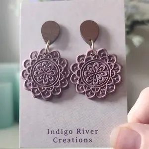 Handmade Polymer Clay Mandala Dangle Earrings - Mauve