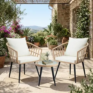3 Pieces All Weather Wicker Patio Furniture Set Outdoor Rattan Conversation Chairs with Round Coffee Table Weather Resistant Leisure Bistro Set for Garden Balcony Backyard Porch Deck