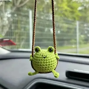 Handmade Green Boho Crochet Frog Car Charm - Whimsical Interior Car Accessories, Bag Accessories, Hanging Ornament for Office