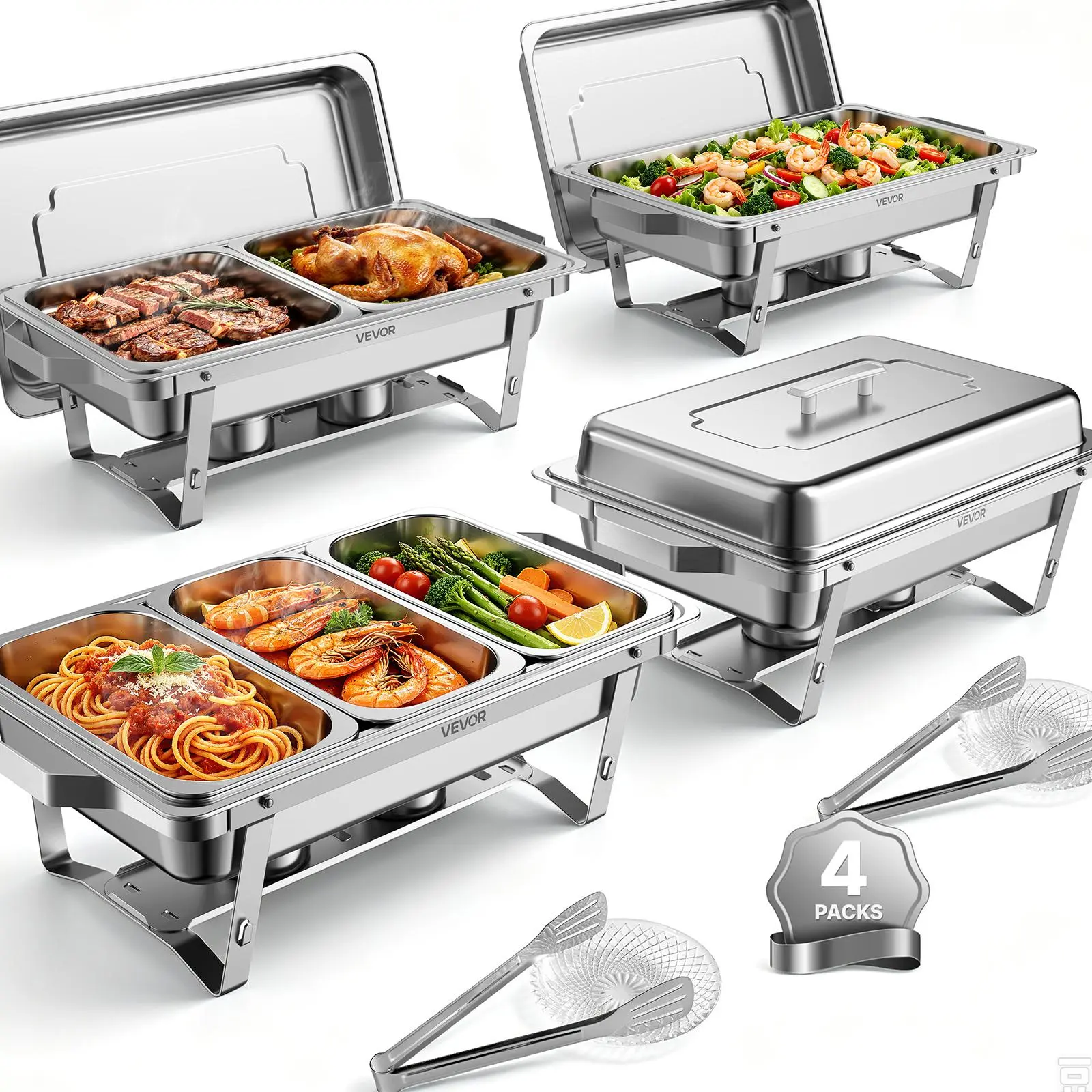 VEVOR 4-Pack 9QT Stainless Steel Rectangular Chafing Dishes Buffet Set, Kitchen Buffet Server Warmer for Banquets/Weddings, Includes 2 Full, 2 Half & 3 Third-Size Pans, Fuel Holder, Tong, Glass Pad