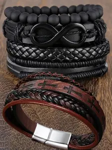 Men's Vintage Cross & Infinity Charm Beaded Bracelets & Braided Set, Fashion Jewelry for Party, Daily Clothing Decor, Trendy All-match & Exquisite Jewelry for Birthday Gift, Leather Braided Bracelet, Fashion Cross Bangle