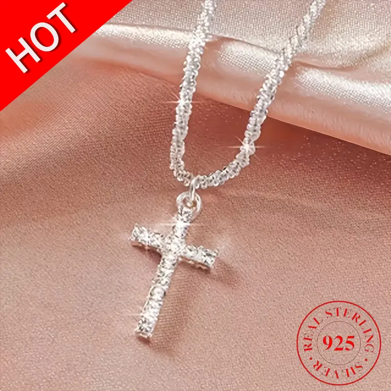 Sterling Silver Classic Cross Pendant Necklace - 1 Piece Neutral Fashion Accessory, Versatile Collarbone Chain