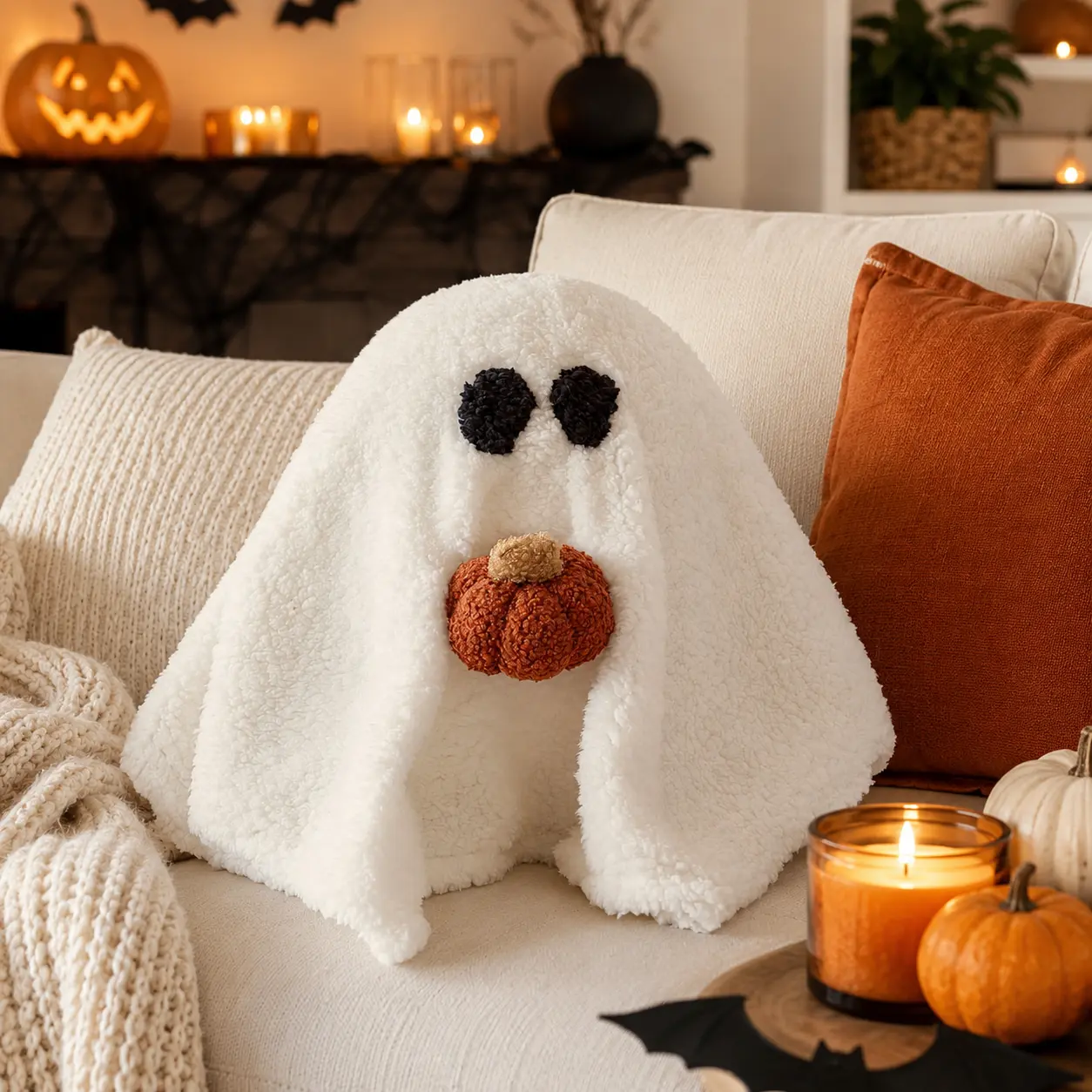 Whimsical Ghost Plush Throw Pillow - Halloween Festive Spooky Fun Decor, Cozy Home Accessory for Sofa, Bedroom, Whimsical Room Decor, Family Party Gift