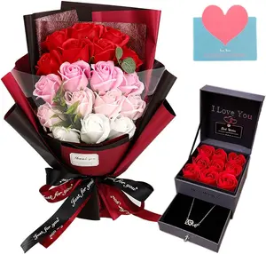 Roses Bouquet Artificial Flower - Preserved Red Rose  with Love Necklace for Her -  Gifts Valentine's Day, Mother's Day, Thanksgiving, Birthday, Anniversary Box Decor
