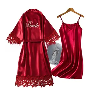 2026 Wedding Bridal Robe, Ice Silk Embroidered Lace Trim, Red Wedding Makeup Bridesmaid Group Sleepwear Bathrobe, Lightweight