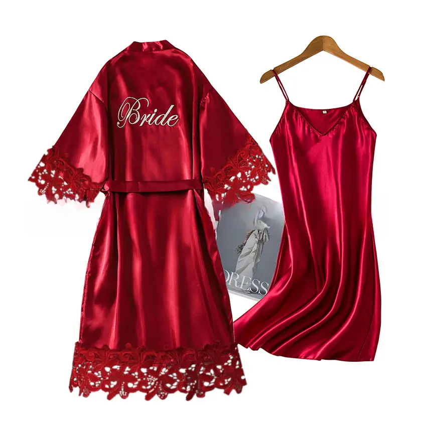 Women's 2026 Wedding Bridal Ice Silk Robe - Embroidered Lace Trim, Red Lady's Sleepwear Loungewear, Lightweight All-Over Lace Bathrobes & Dressing Gowns for Bridesmaids' Makeup Prep