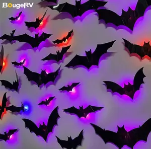 【BougeRV 3D Bat Design LED Decorations】12pcs/24pcs Set Spooky Ornaments for Home Party Festival Halloween Easy Install Wall Stickers Smooth Application - Decorative(Non-remote)