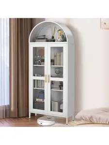 73" Tall Arched Pantry Cabinet,Versatile Cupboard With Glass Door, 2 Adjustable Shelves & Drawers,Modern Farmhouse Arched Bookcase White
