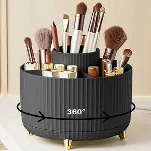 360-Degree Rotating Makeup Organizer Box, 5-Grid Plastic Cosmetic Storage Rack with Luxury Stripe Design, Portable Brush Holder and Beauty Organizer, Cosmetic Tools Organizer