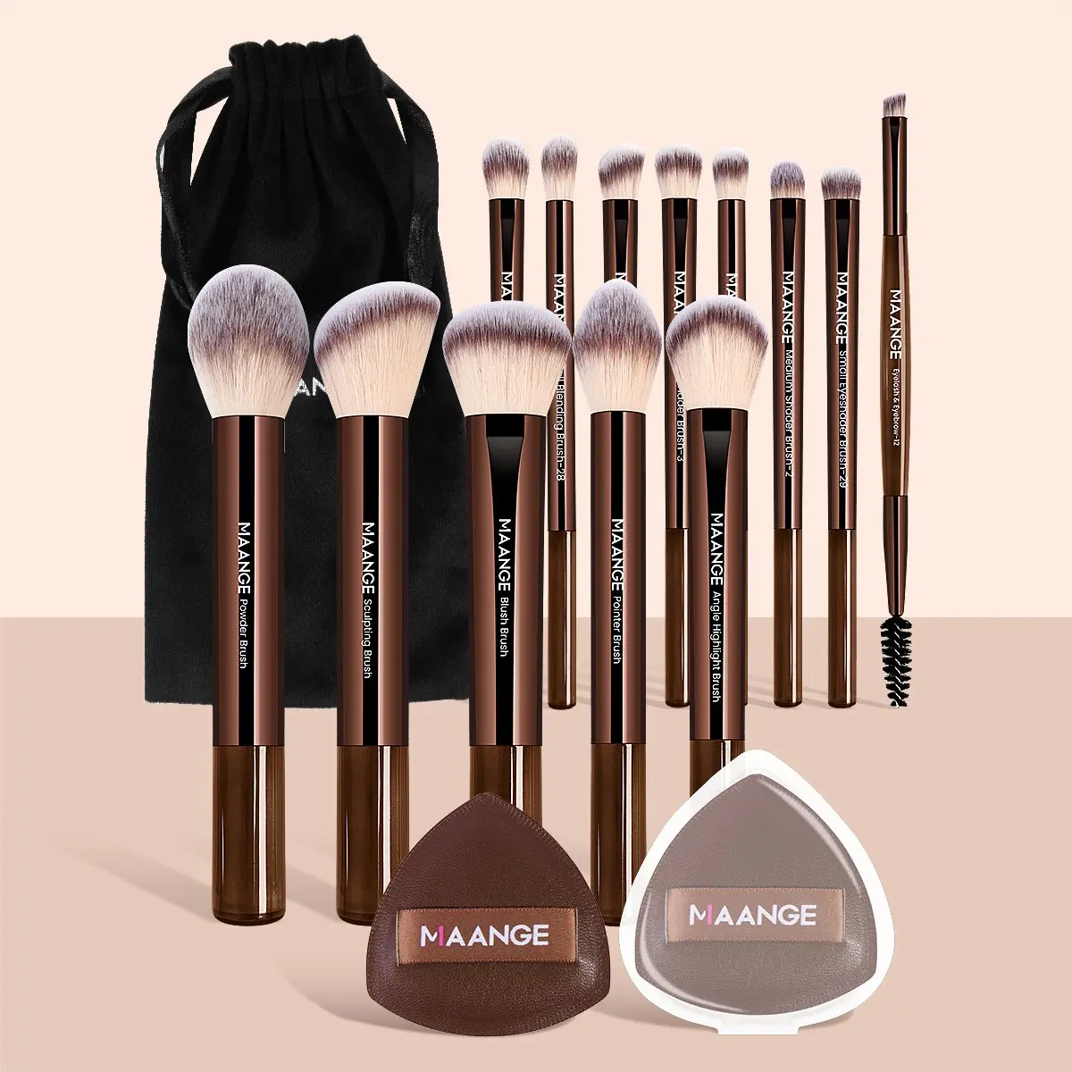 Maange 16-Piece Makeup Tool Set, Includes 13 Brushes, 2 Sponges, Storage Bag, Foundation Brush, Blush Brush, Powder Brush, Eyeshadow Brush, Mascara Brush, Highlighter Brush, Face Contour Brush, Makeup Brush Sets, Makeup Brushes Kit, Makeup Tools Set