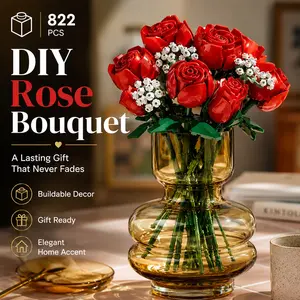 Rose Bouquet Building Set, 822pcs Artificial Flower Blocks, Compatible Lego Icons, Romantic Gift for Women, Home Decor