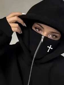 Women's Double-Layer Zipper Pocket Sweatshirt, Cross Print, Loose-Fit Fall & Winter Top, Comfortable Casual Wear, Black