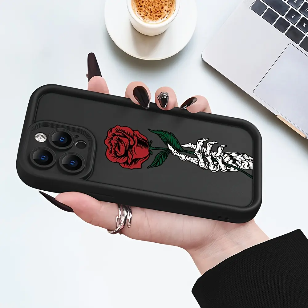 Gothic Skeleton Hand & Red Rose Smartphone Casing for iPhone 17/16/15 Pro Max, 14 Plus, 13/12/11 Pro, Air - Dark Romantic Punk Aesthetic, Precise Fit, Full Protection, Durable Build for Handheld Cellphone Devices