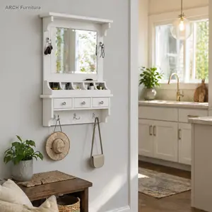 Sturdy White MDF Wood Pre-Assembled Wall-Mounted Vanity - Rectangular Arched Mirrored Furniture with Large Mirror, Drawers, Pockets, Hooks, Vanity/Jewelry/Makeup Organization, Small Room Entryway Space-Saving Organizer