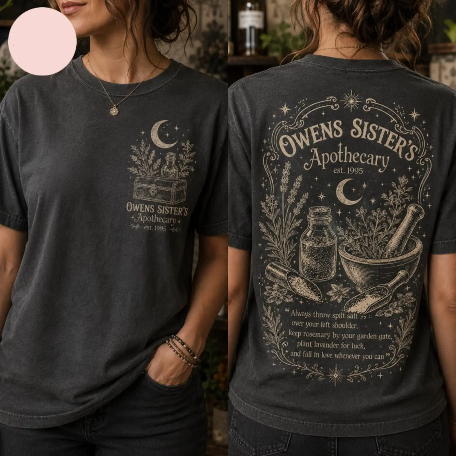 Owens Sisters Apothecary Halloween Shirt, Practical Magic Witchy Graphic T-Shirt, Vintage Moon Herb Cottagecore Spooky Season Tee