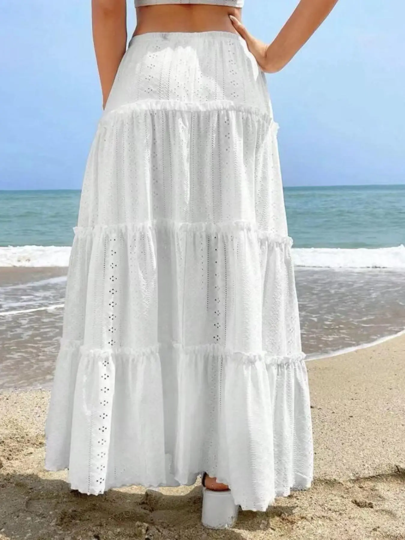 Women's Plain Frill Ruffle Hem Hollow Out A Line Skirt, Casual Elastic Waist Long Skirt For Beach Holiday Vacation, Ladies Summer Clothes