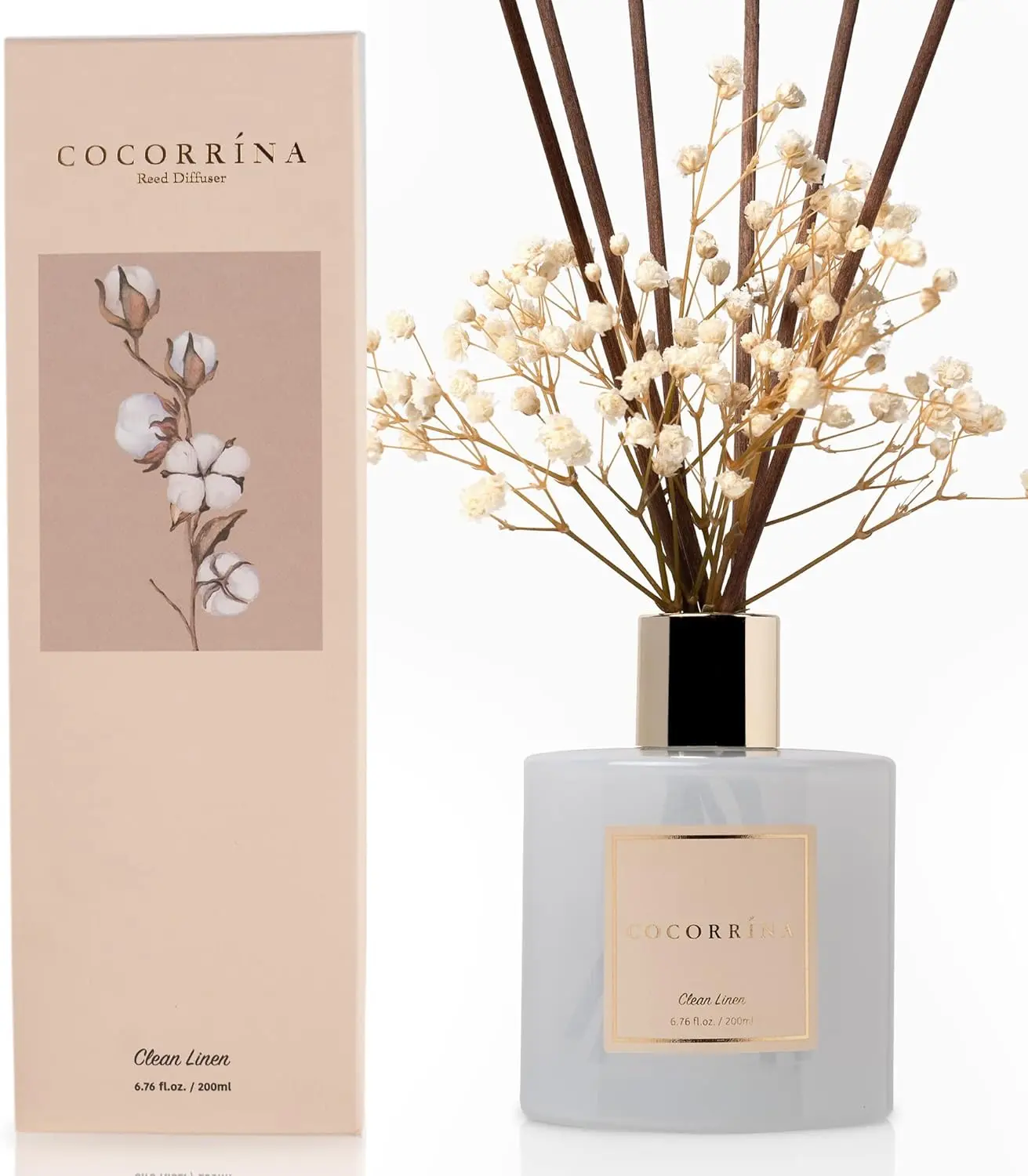 Cocorrína Reed Diffuser Set, Clean Linen 6.7 fl oz Scented Diffuser with Sticks Home Fragrance Reed Diffuser for Bathroom Shelf Décor