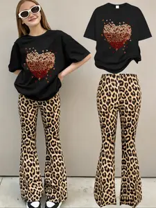 Two-piece set, Fitted Girls' Fashion Leopard Print Sweet and Cool Set, Gradient Love Heart Pattern Printed Short-sleeve T-shirt + Leopard Print Flared Pants, Retro Style Two-piece Set for Toddlers, Kids and Teens, Suitable for Spring, Summer, Winter