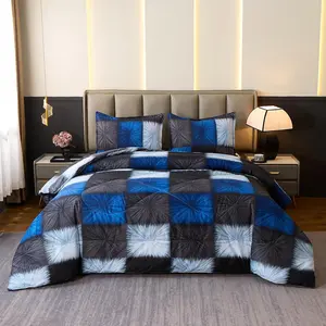 Black and White Checkered Comforter Set  Size(90x90 Inch), Navy Blue and White Plaid 3 count Comforter Bedding Set, Microfiber Black Grid  Decor