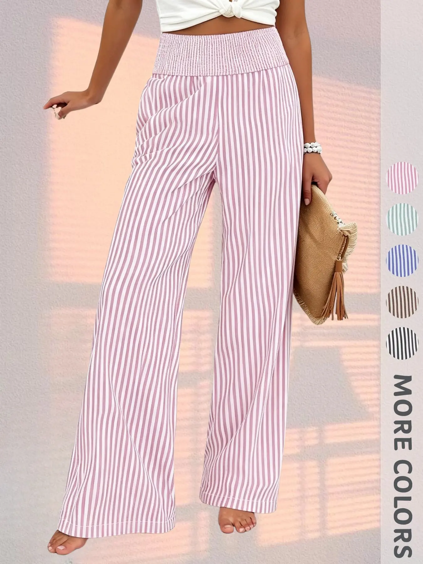 New Women's High-Waisted Long Pants, Striped Print, Elastic Waist, Pocket Design, Elegant Casual Chic Style, Boho Loose Fit, All Seasons, Loose-Fitting, Baggy, Oversized