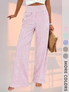 New Women's High-Waisted Long Pants, Striped Print, Elastic Waist, Pocket Design, Elegant Casual Style, All Seasons, Loose-Fitting