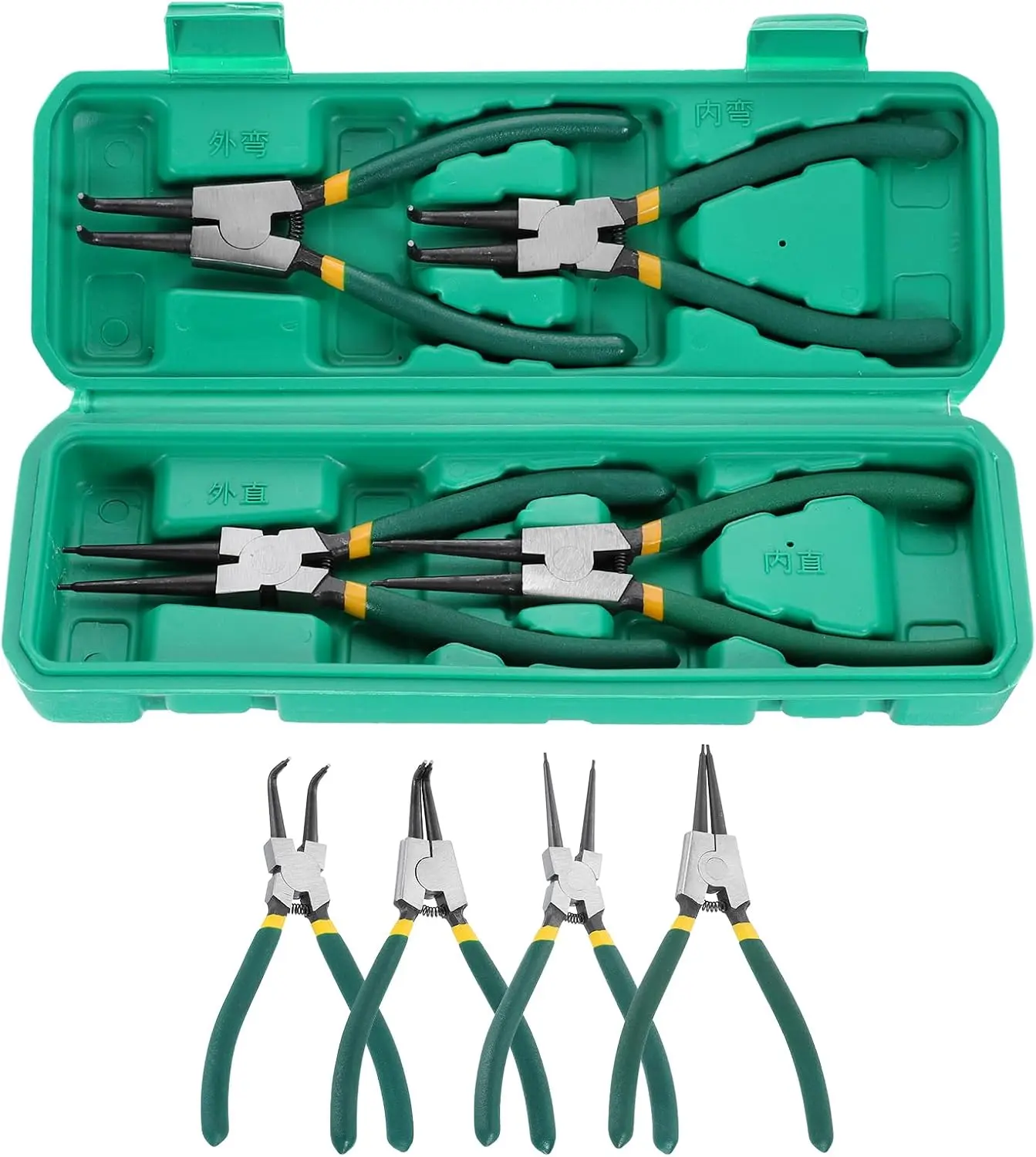 4pcs Snap Ring Plier Set 7" Circlip Pliers with Case Green | Internal & External, with 0.08" Straight/Bent Jaw Tip, for Ring Remove Retaining Pliers