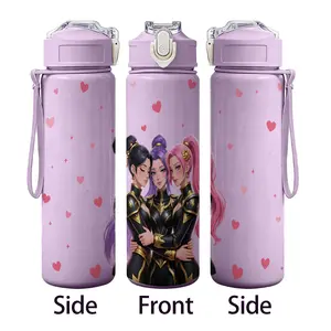 750ML Water Bottle, Lol Girl Group Anime Plastic Cup, Heart Print, Cold & Hot Use, Large Capacity, Straw Lid, Portable for Gamers, Students, Office Workers