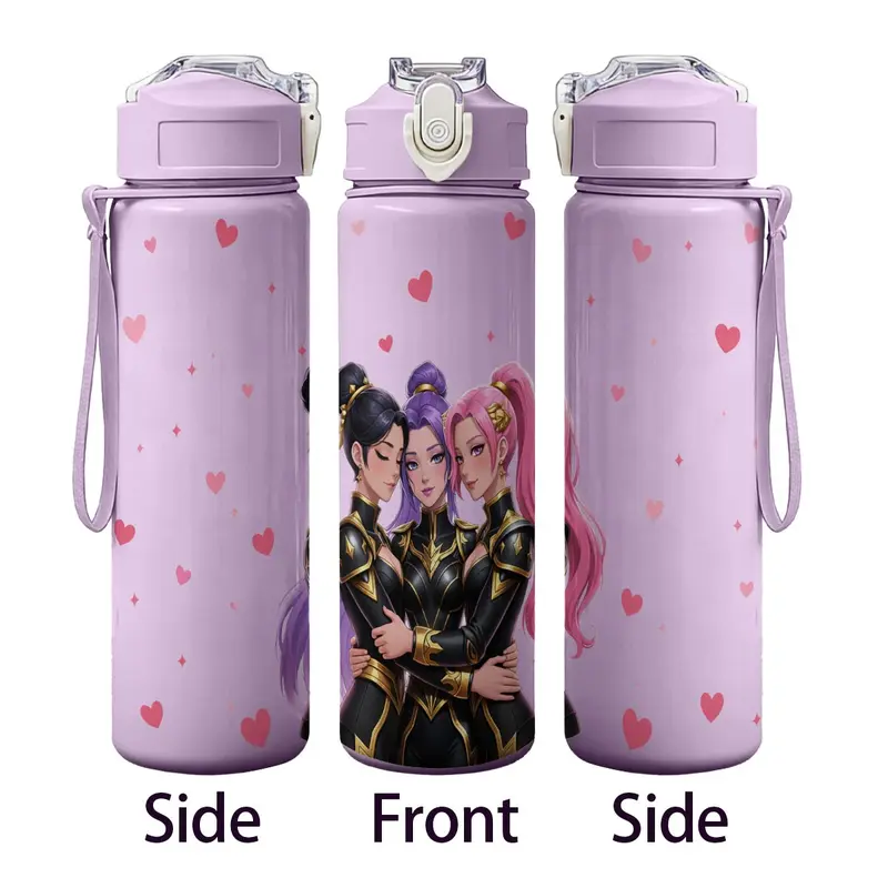 750ml Water Bottle, Anime Girl Group Plastic Cup, Heart Print, Cold & Hot Use, Straw Lid, Portable for Gamers, Students & Office Workers, Drinkware, Travel Straw Tumbler