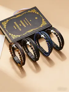Multi-Color Leather Cross & Natural Stone Men's Bracelet Set, Vintage Gothic Religious Jewelry with Braided Design, Magnetic Clasp & Cross Charms for Men's Daily Wear, Streetwear & Religious Occasions, Beaded Braided Bracelet, Beaded Cross Bracelets